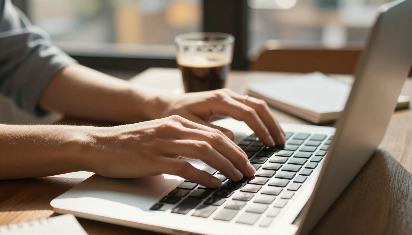 Close-up of a woman's hands typing on a laptop in a warm sunlit cafe