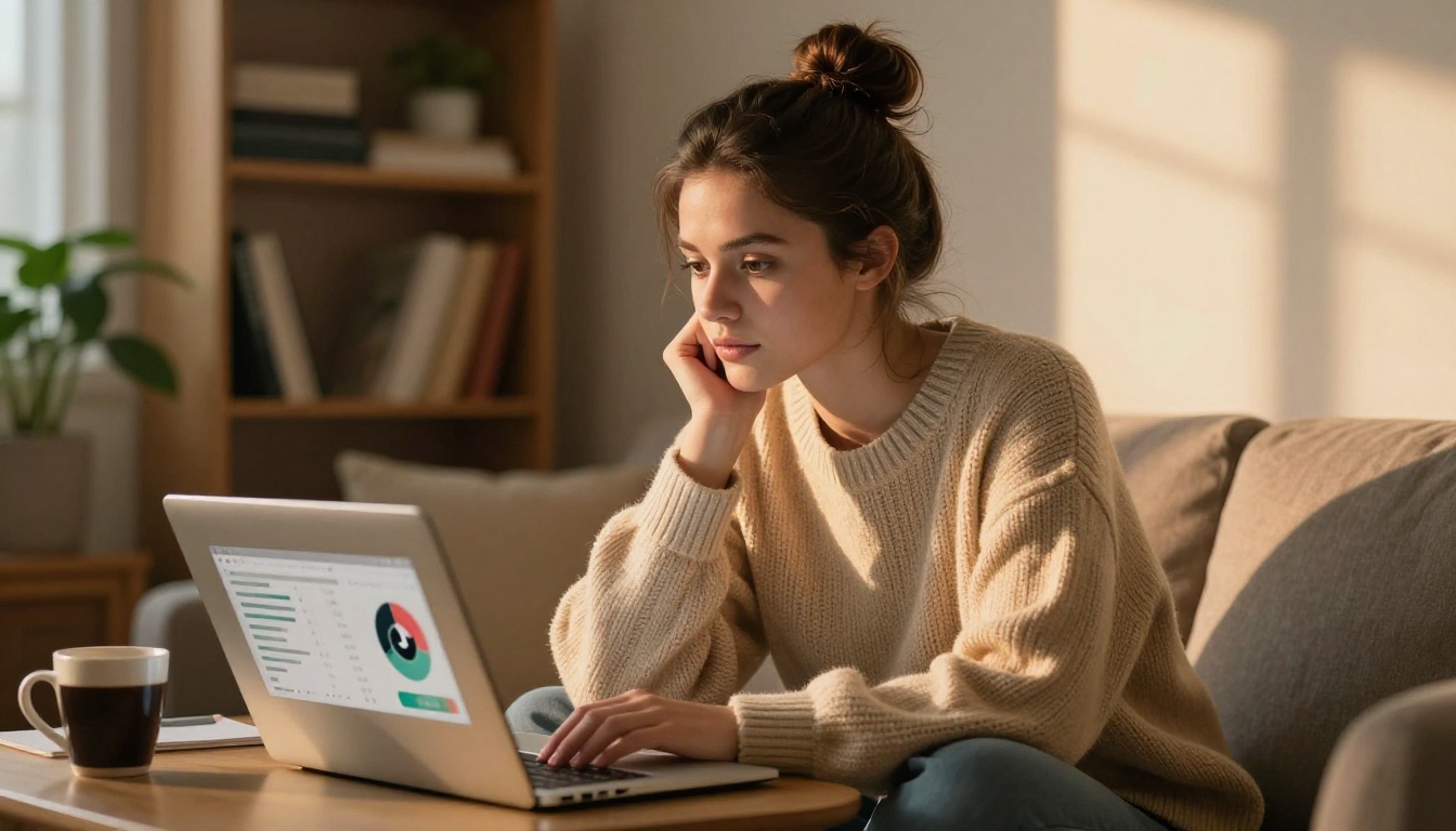 Young woman reviewing TikTok analytics on her laptop in a cozy home setting