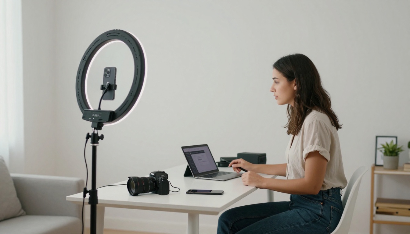 A professional content creator setting up a ring light home studio
