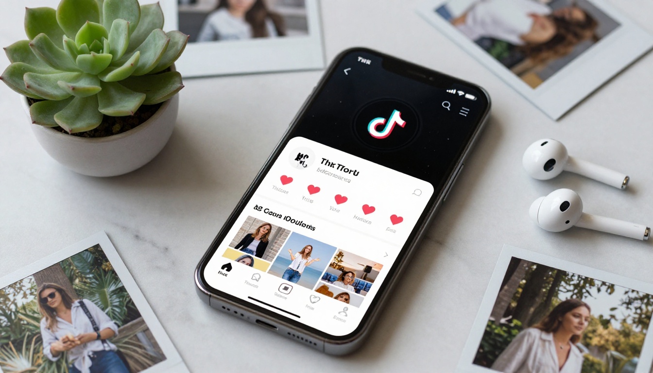 Close-up flatlay of smartphone showing TikTok profile with high follower count