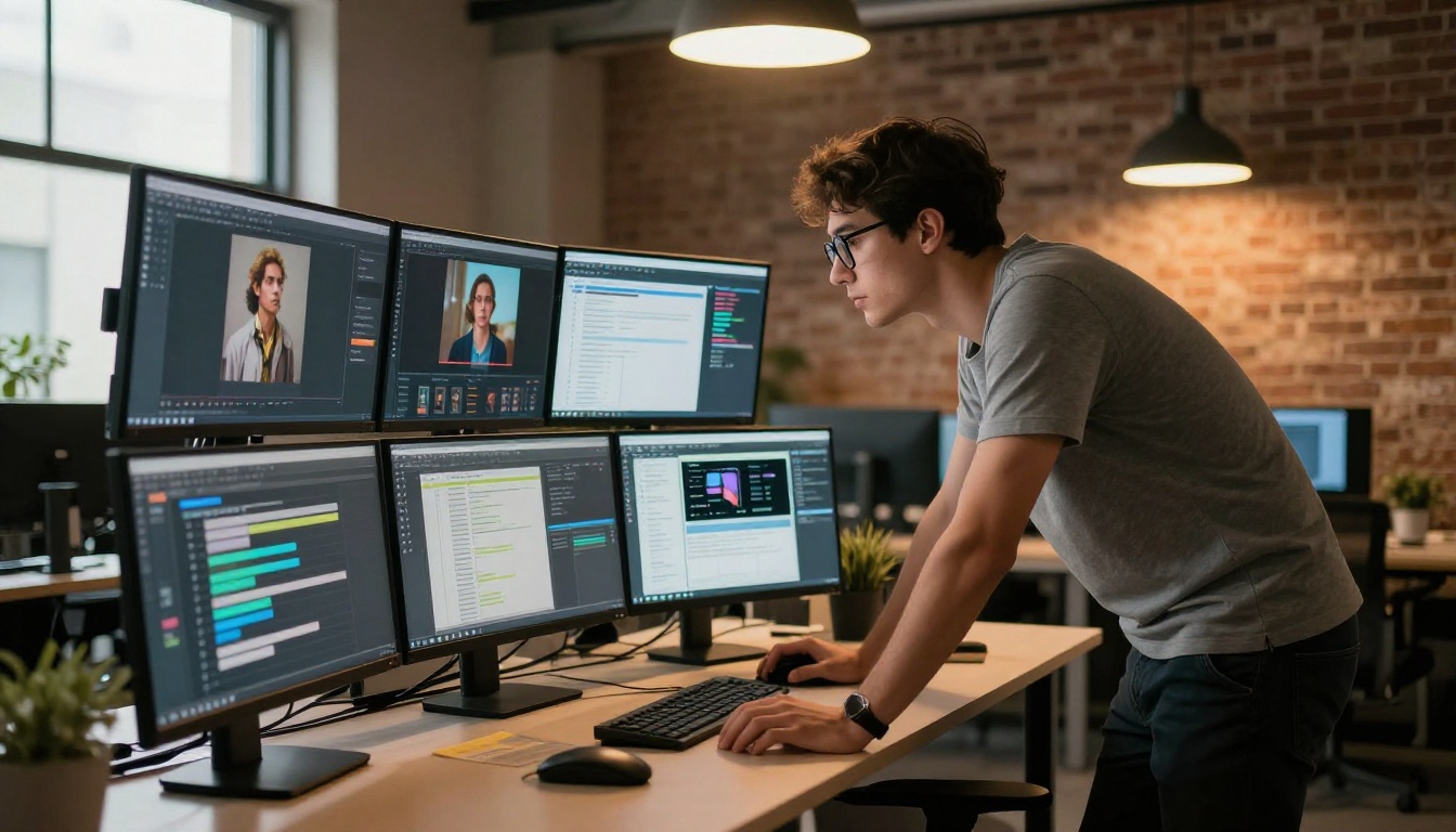 Tech entrepreneur reviewing AI video generation timelines on multiple screens in a modern office Tech entrepreneur reviewing AI video generation timelines on multiple screens in a modern office