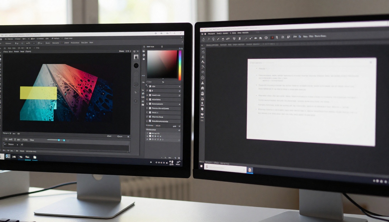 Two monitors side-by-side showing Photoshop interface and AI image generation interface