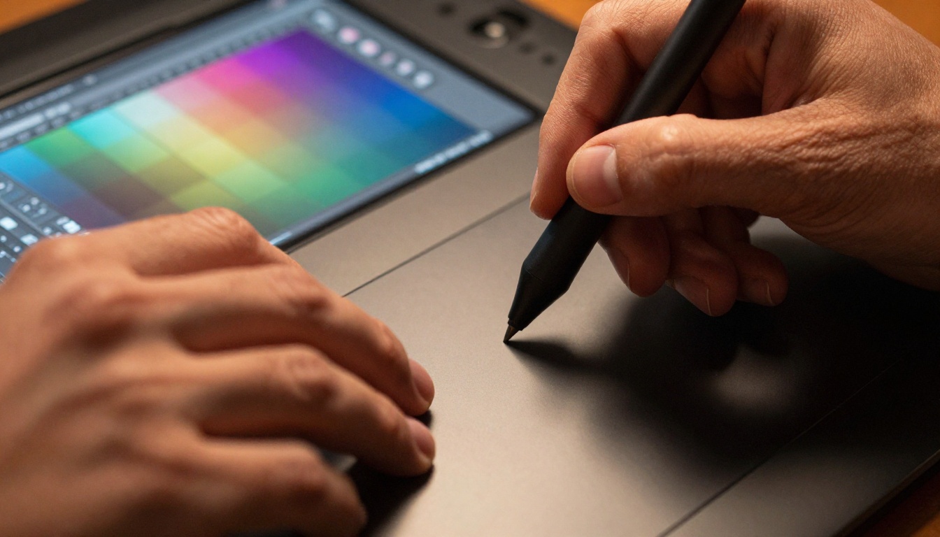Close-up hands holding stylus over graphics tablet with Photoshop visible on screen