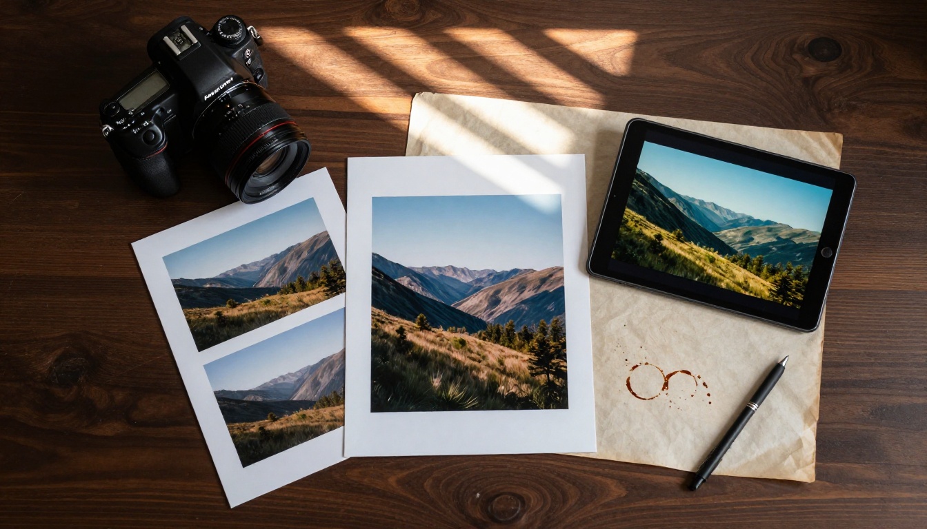 Aerial flat lay of photographer's workspace with prints, camera, and tablet