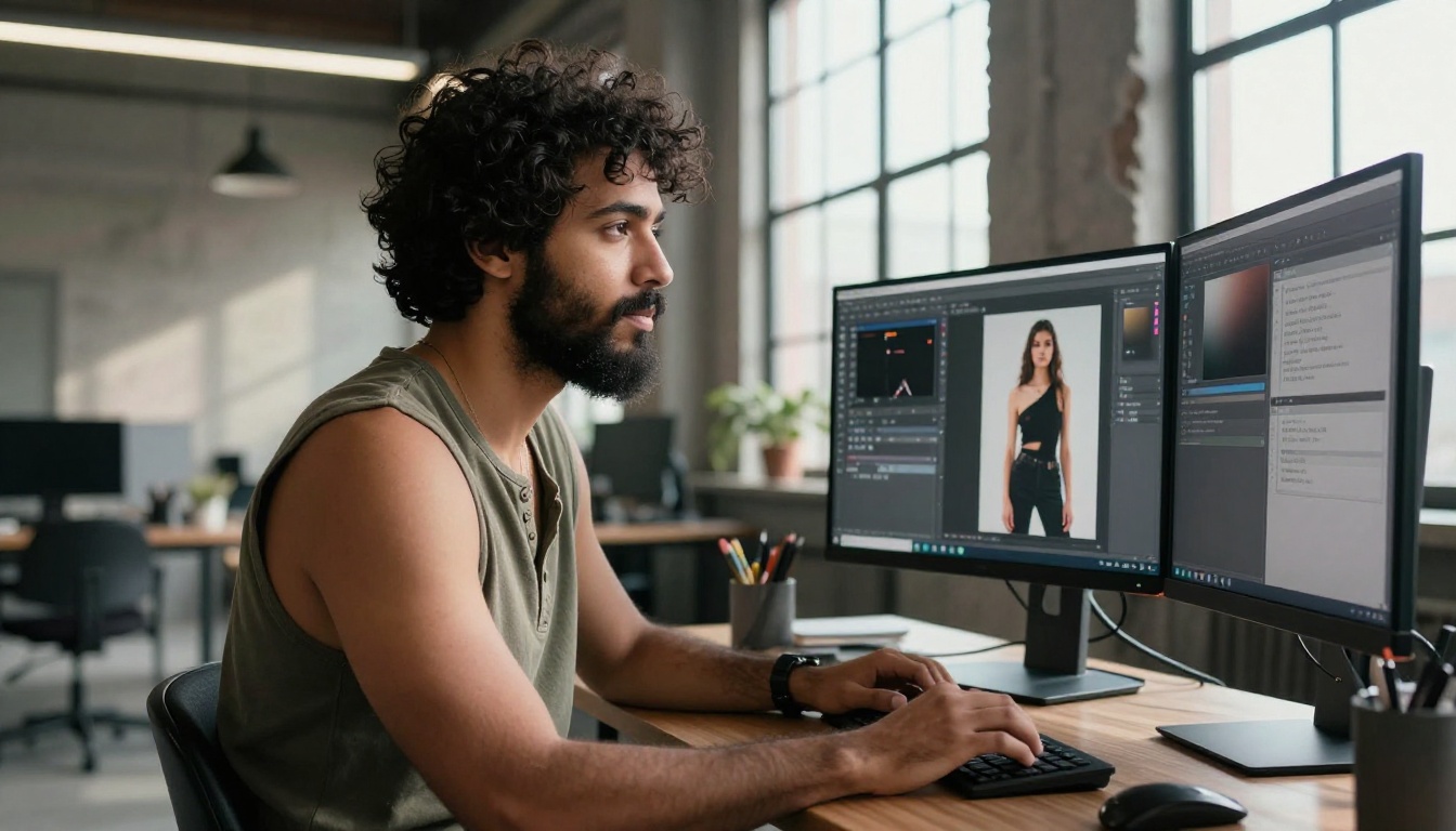 Bearded graphic designer at standing desk with dual monitor setup showing creative work