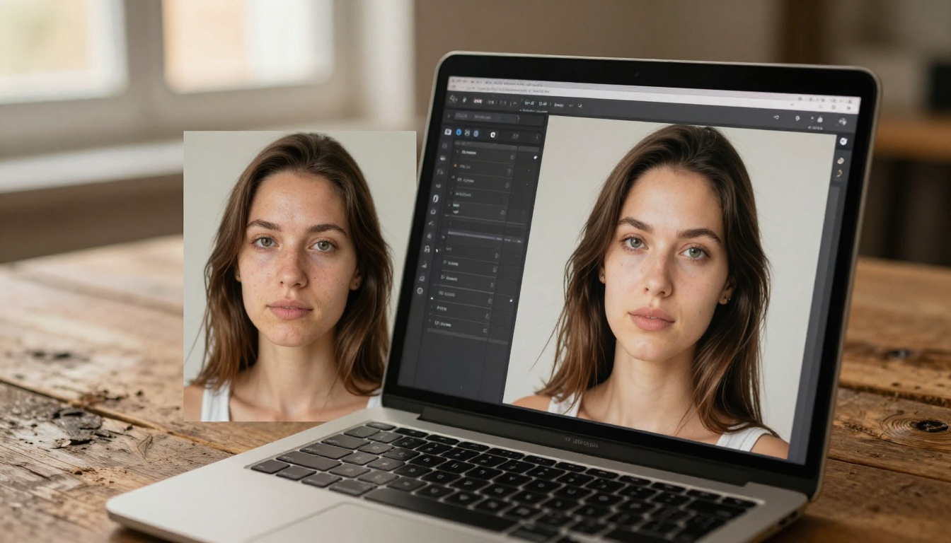 Laptop screen showing before-and-after image comparison with natural light