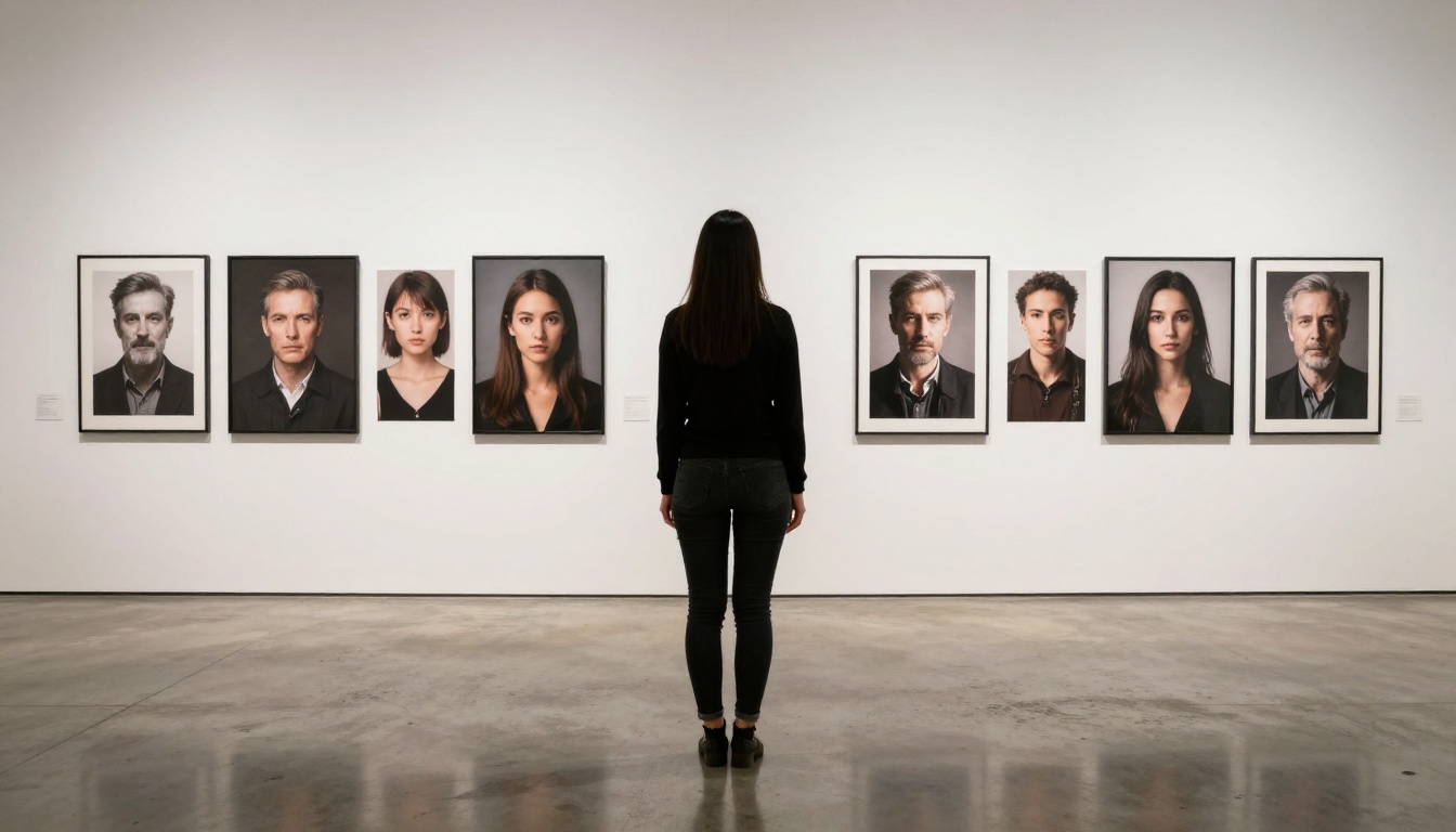 Woman photographer standing confidently in front of gallery print exhibition Woman photographer standing confidently in front of gallery print exhibition