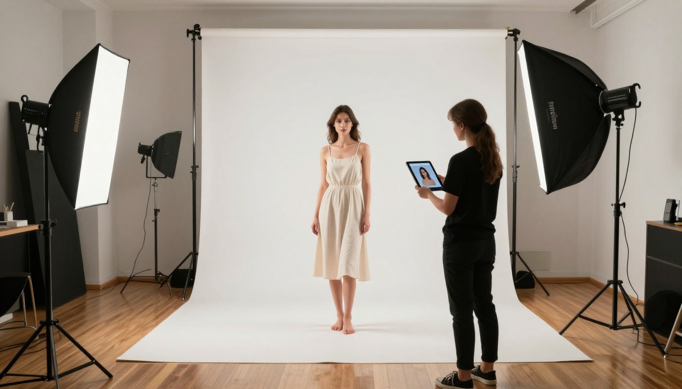 Art director holding tablet with AI reference image beside model in photography studio Art director holding tablet with AI reference image beside model in photography studio