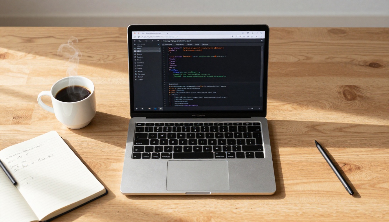 Overhead workspace with laptop, coffee, and notebook