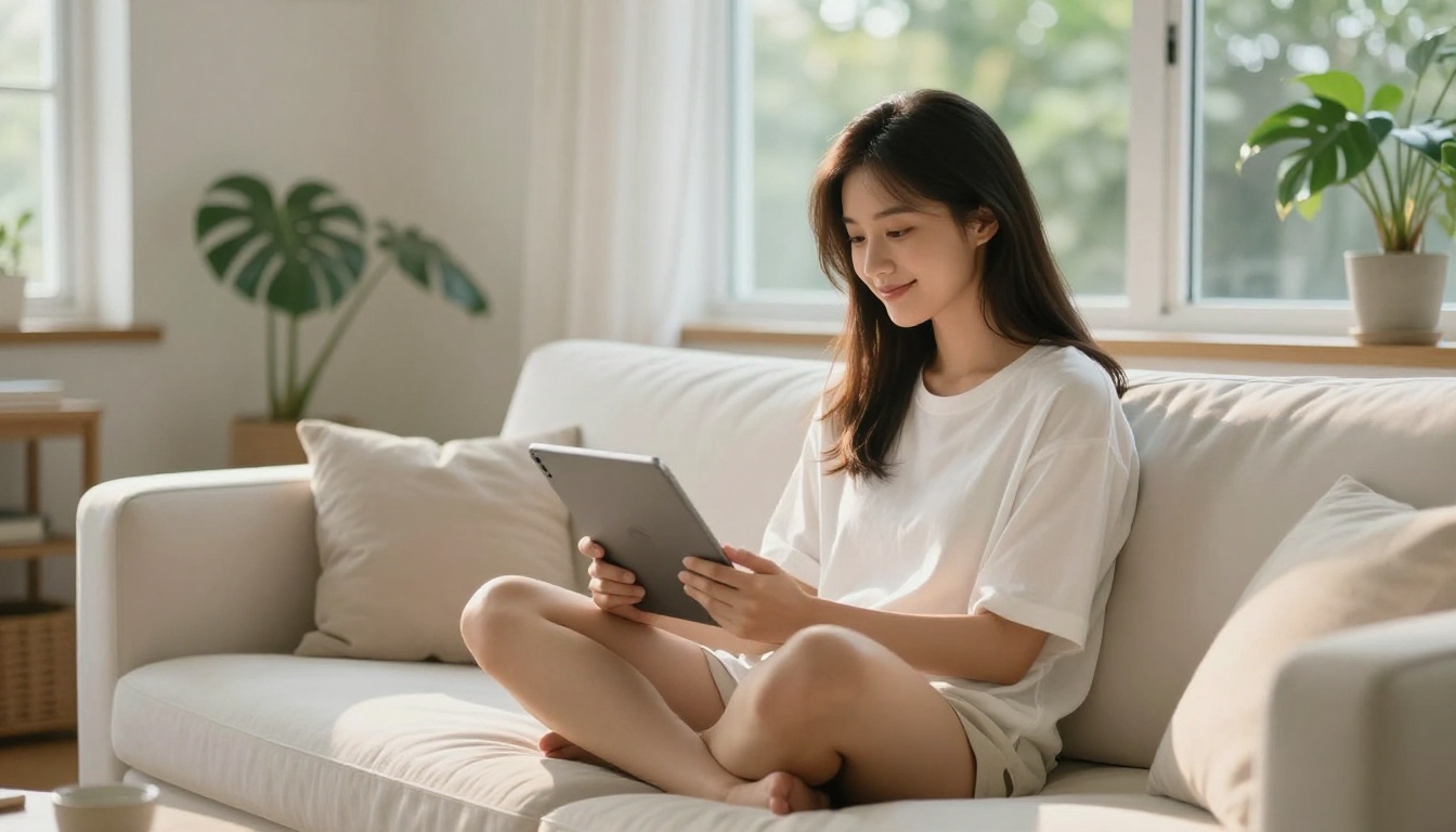 Young woman on sofa with tablet, warm afternoon light