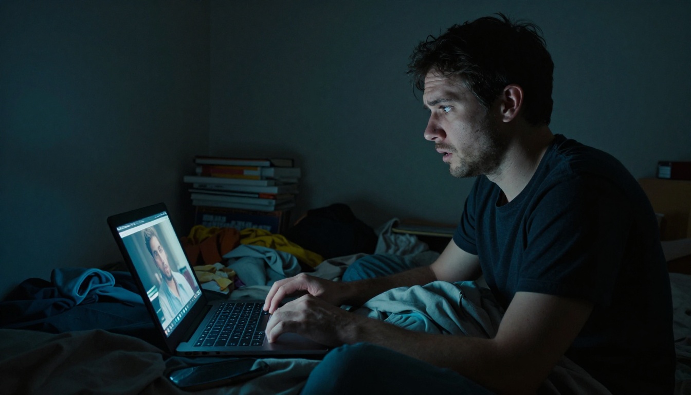 Man alone in dark room staring at laptop screen in disbelief Man alone in dark room staring at laptop screen in disbelief