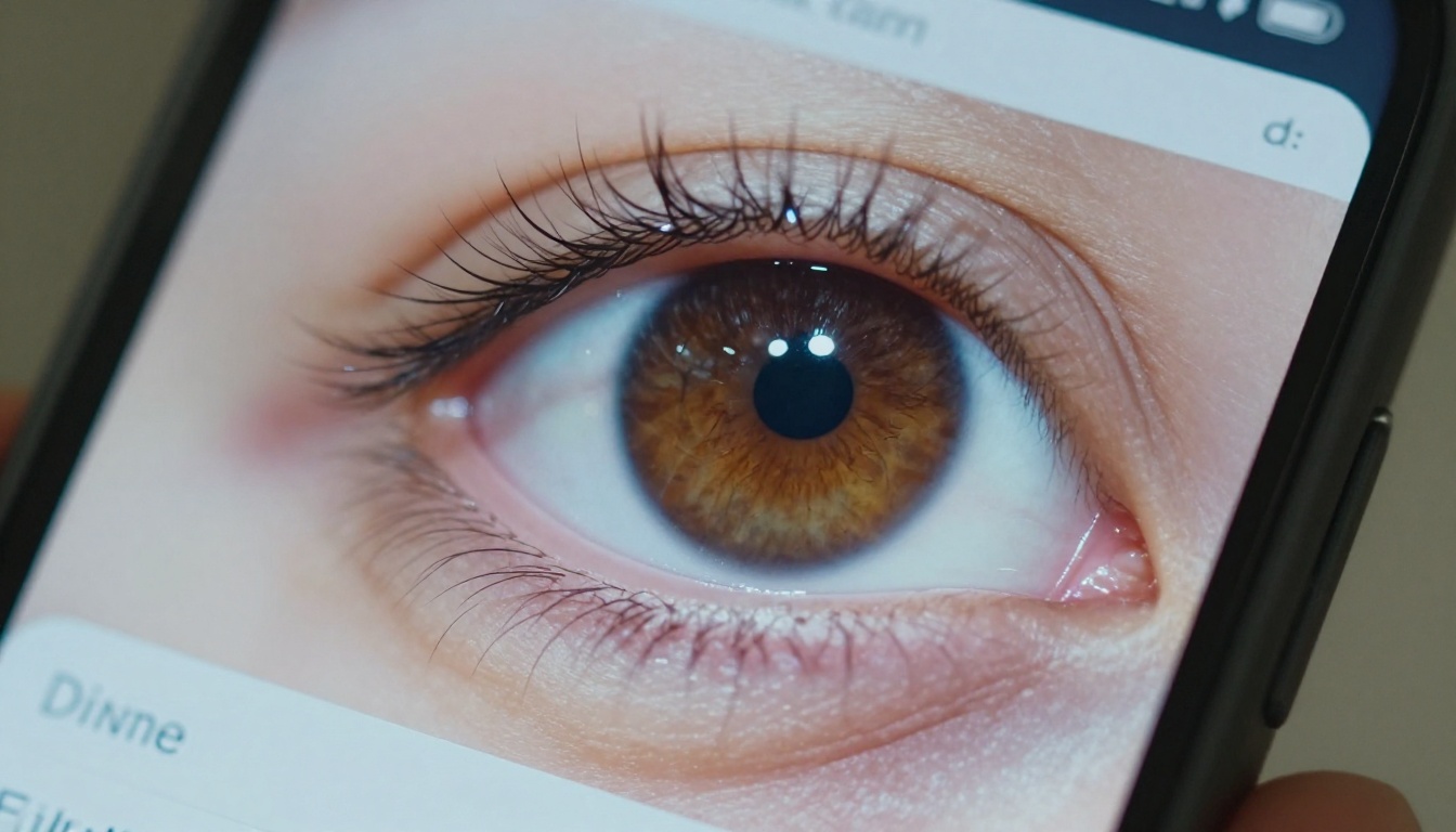 Close-up of human eye reflected in smartphone screen
