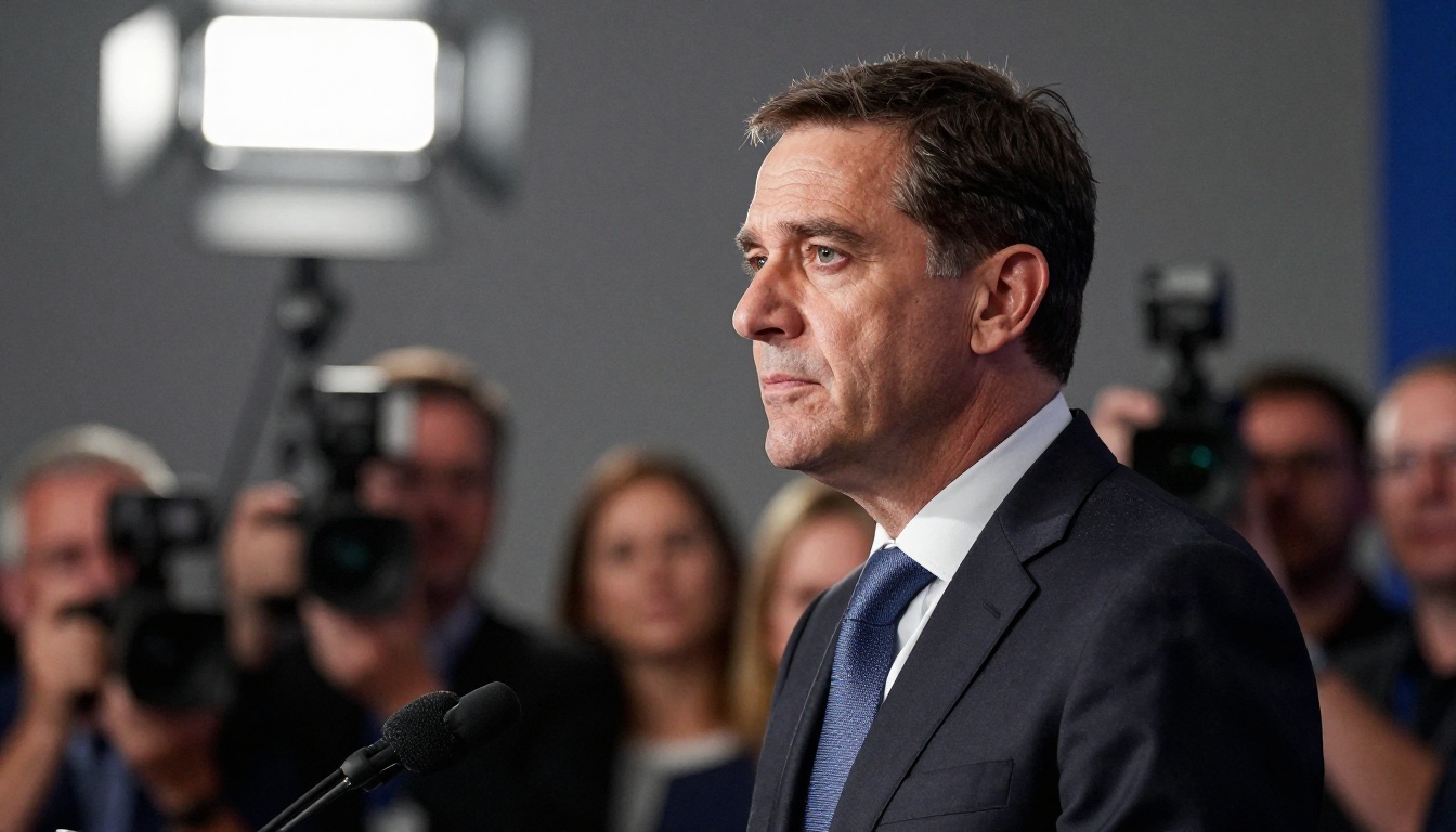 Politician at press conference podium with subtle uncanny quality around the face Politician at press conference podium with subtle uncanny quality around the face