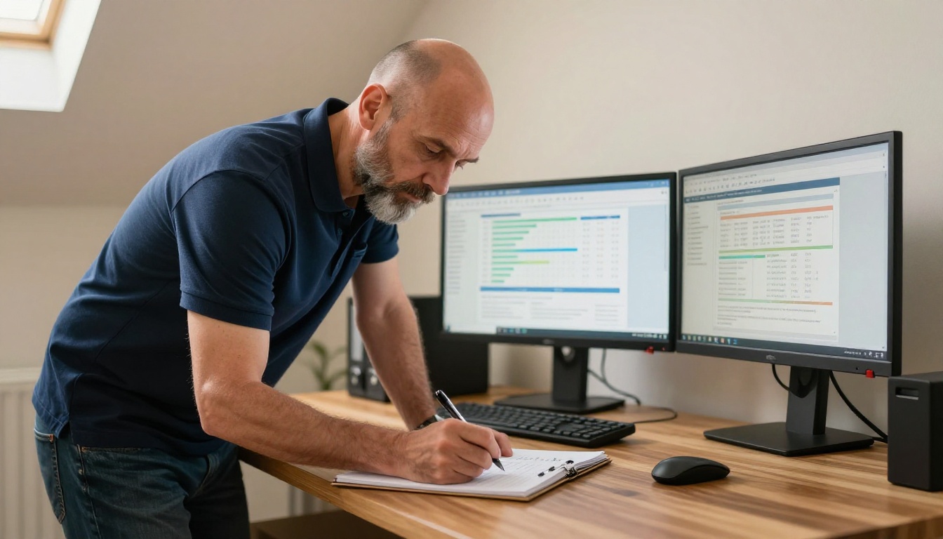 Man at standing desk comparing two monitors with charts