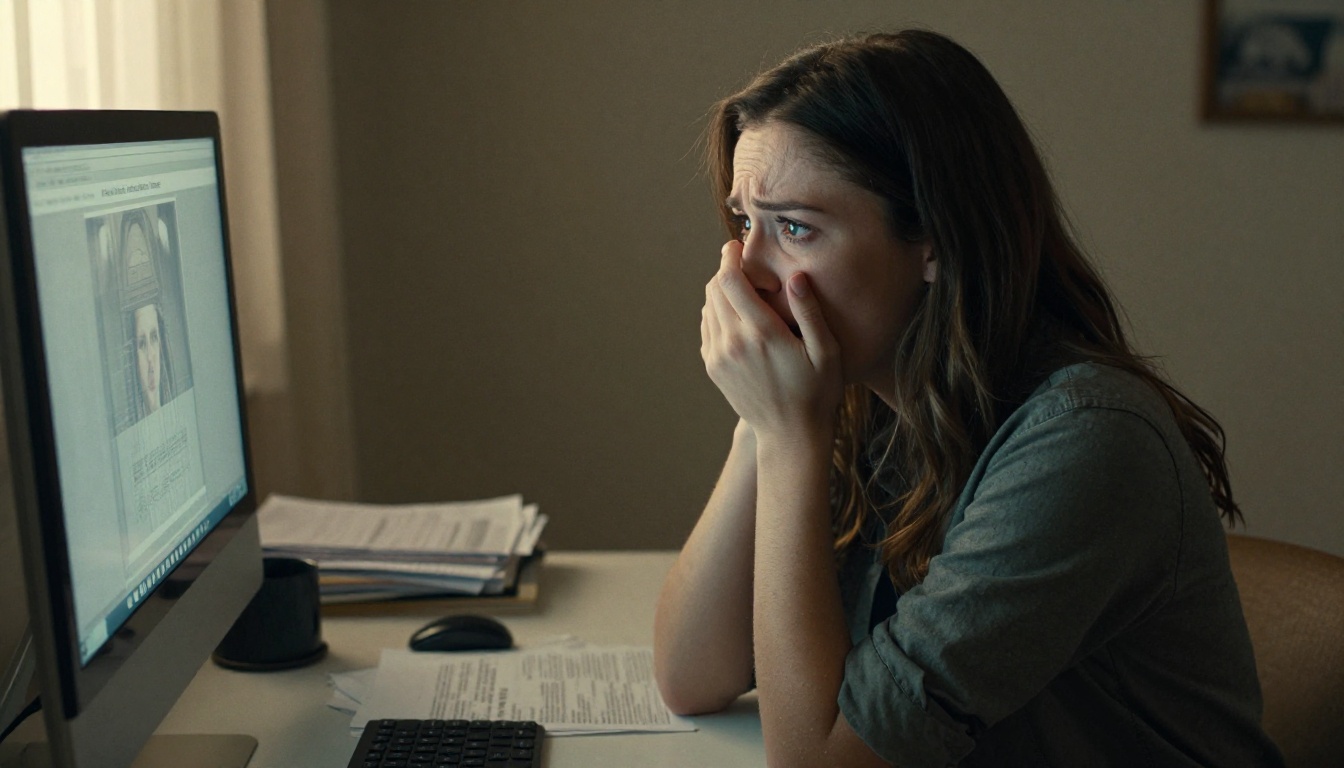Young woman at home office desk with hand over mouth, staring at monitor in distress Young woman at home office desk with hand over mouth, staring at monitor in distress