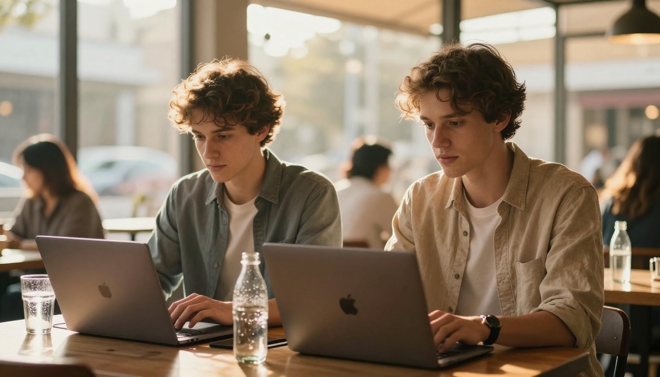Two professionals working at laptops in a coffee shop