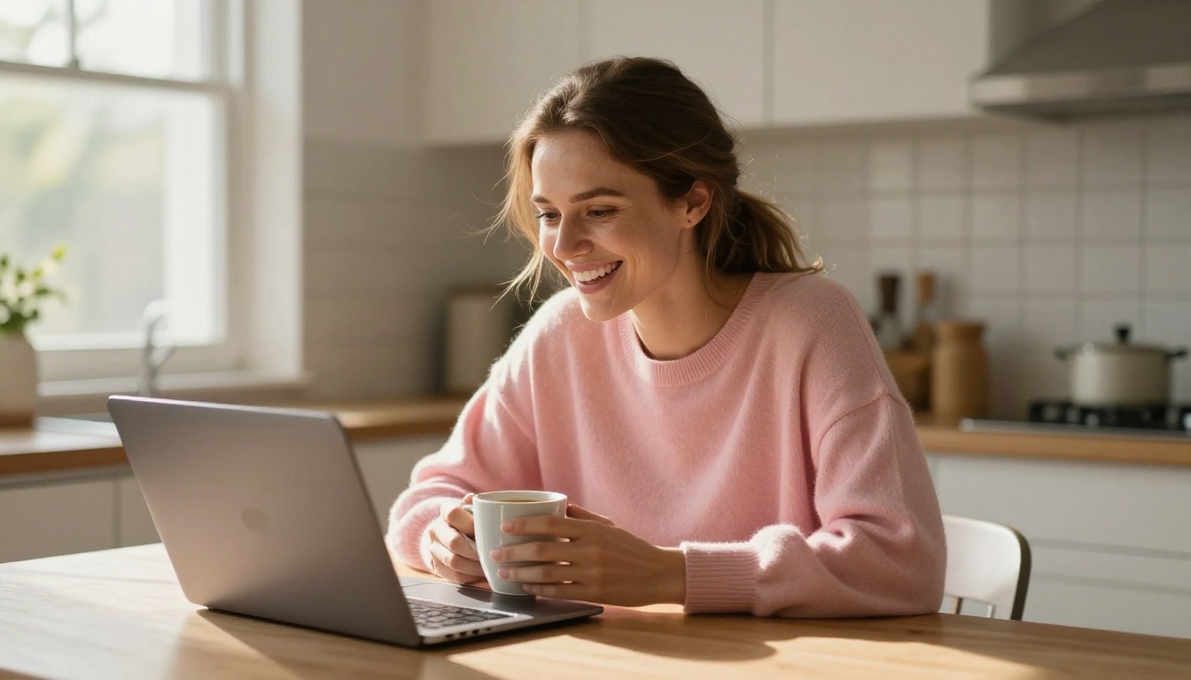 Woman laughing at laptop in a bright morning kitchen