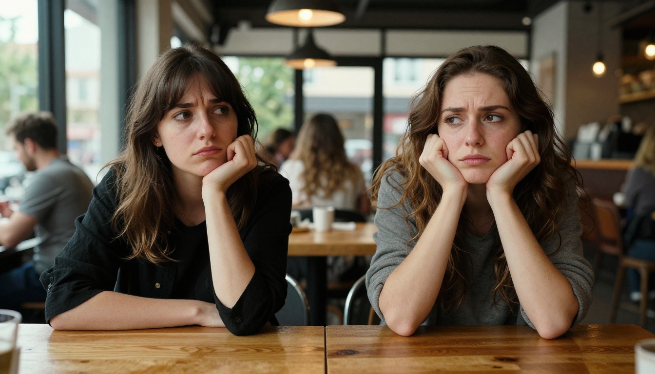 Two women with nearly identical features sitting across a cafe table, one looking unsettled Two women with nearly identical features sitting across a cafe table, one looking unsettled