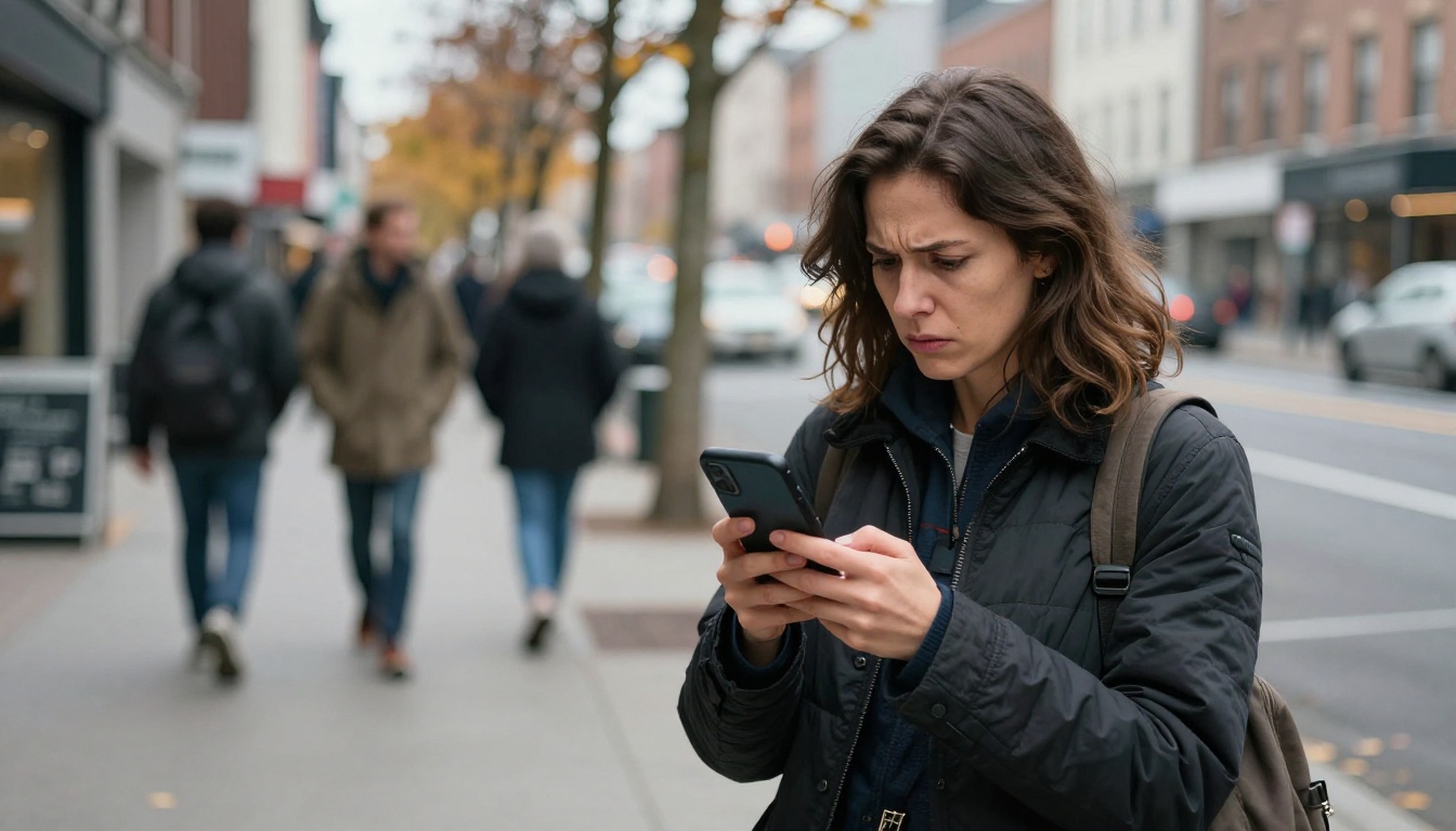 Woman on busy city sidewalk holding phone up, looking disturbed at screen