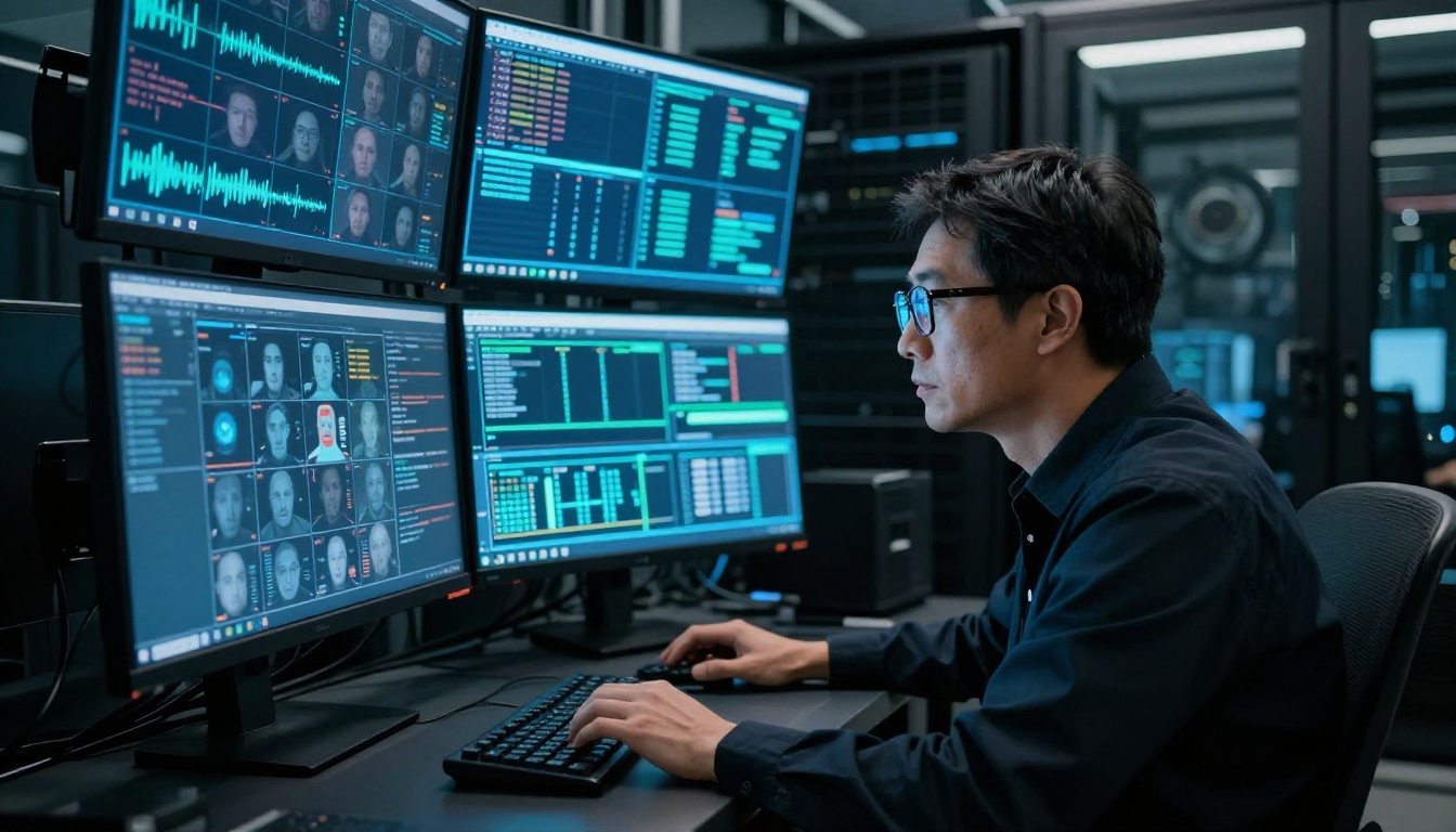 Cybersecurity researcher in dark server room surrounded by monitors with facial analysis data