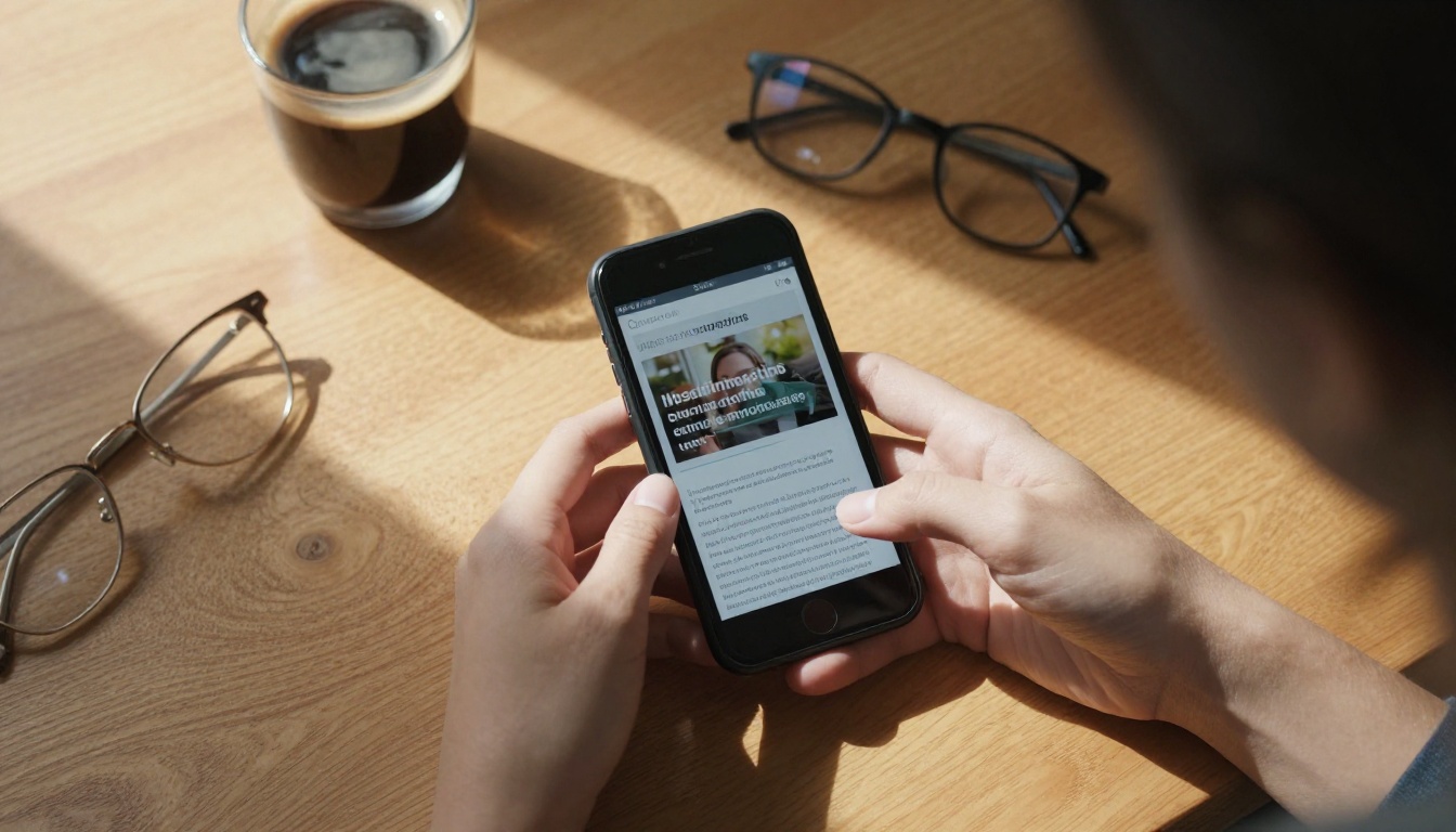 Aerial shot of woman's hands holding a phone with news article visible, coffee and glasses nearby