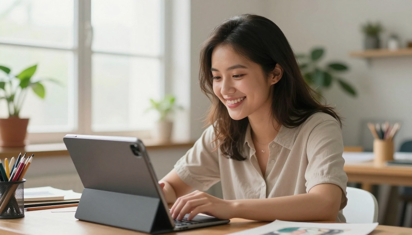 Creative young woman smiling at tablet in bright art studio workspace
