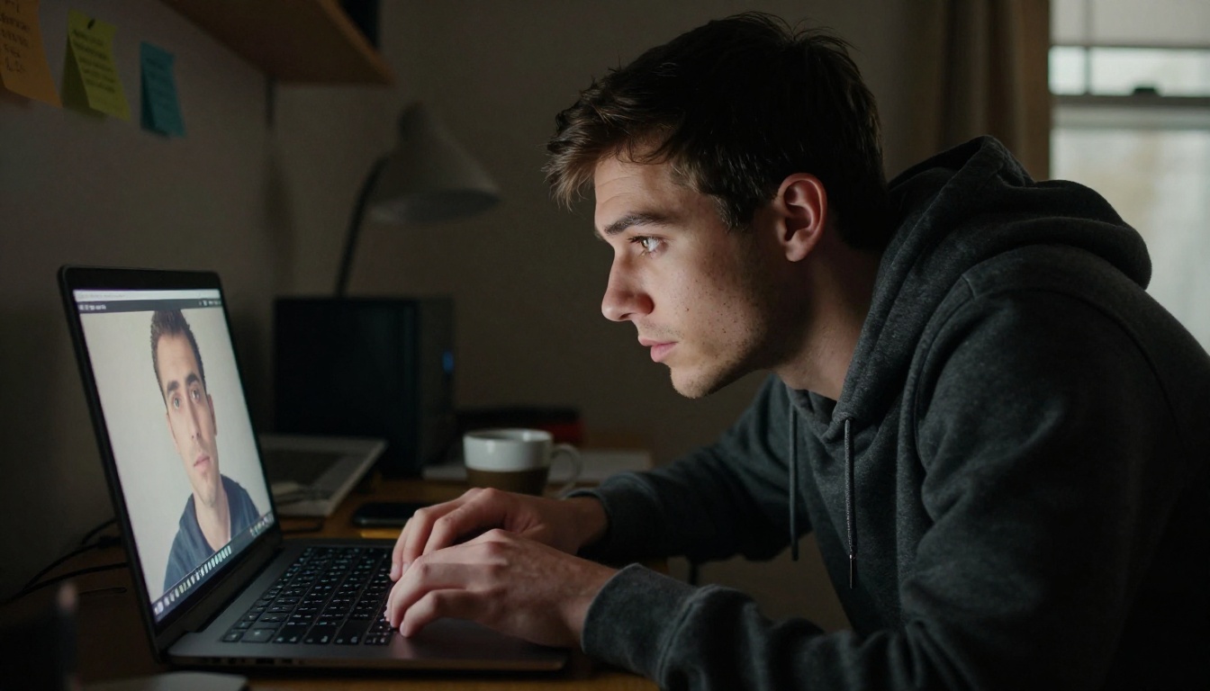 Person carefully analyzing video footage on a laptop screen in a dim apartment