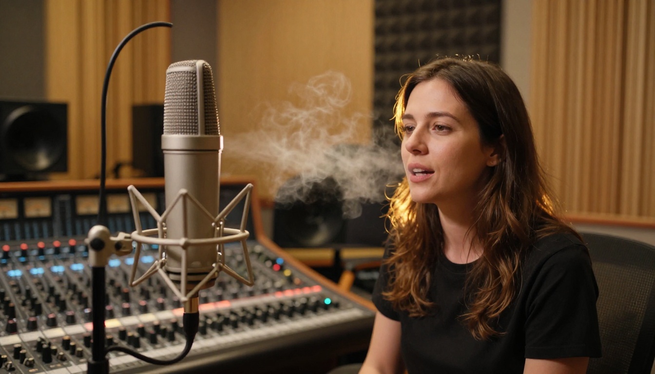 Professional recording studio condenser microphone in sharp focus with acoustic foam panels in warm amber background