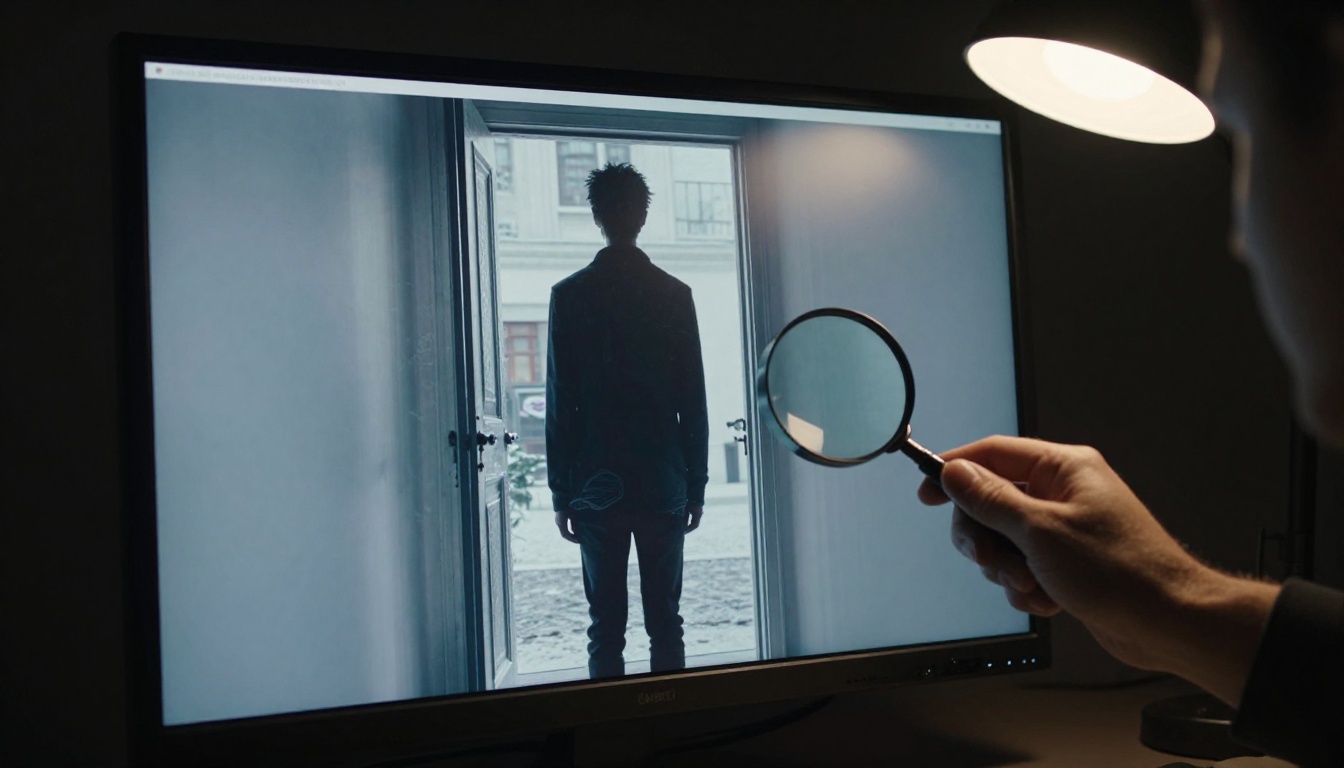 Darkened editing room with a monitor showing a frozen AI video frame with visible edge warping around a figure