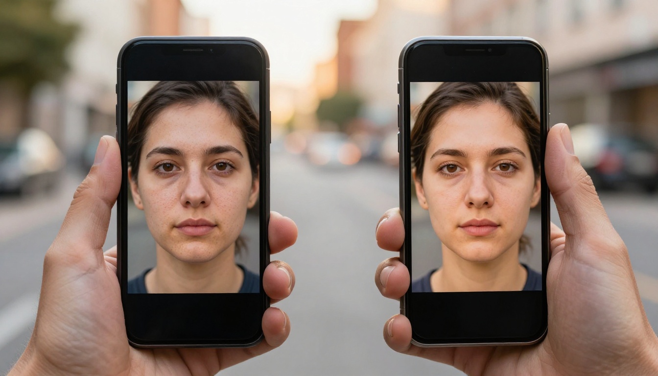 Two smartphones held side by side outdoors showing video stills of the same face with visibly different skin quality and texture