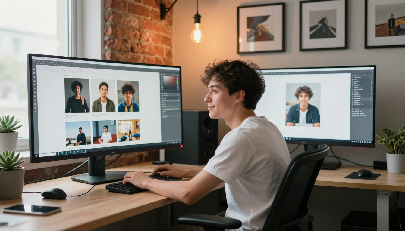 Designer working with clean AI images on monitors