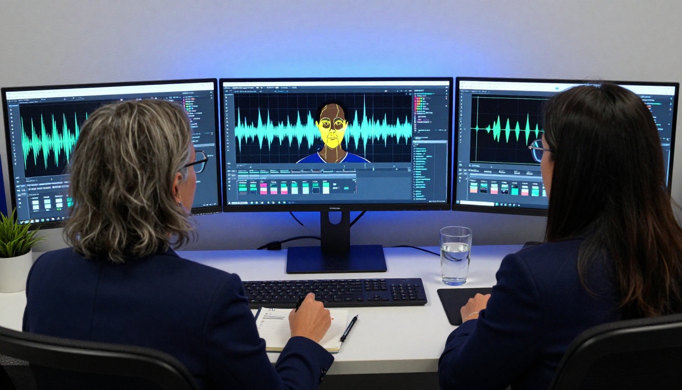 Forensic analyst at multi-monitor workstation reviewing facial landmark overlays and video analysis software