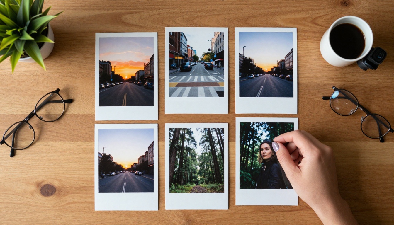 Aerial shot of clean printed photographs arranged on desk