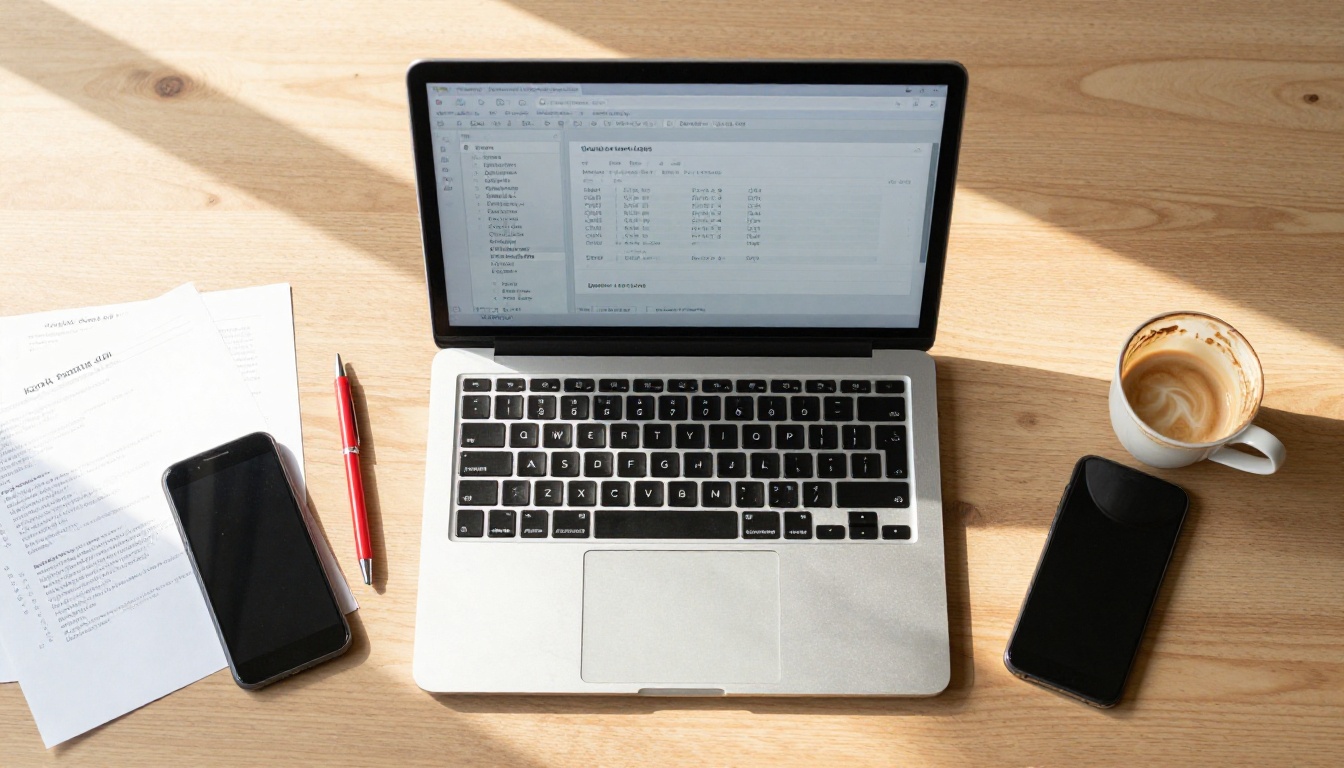 Overhead flat lay of laptop showing metadata properties panel with printed screenshots and red pen markings on a light oak desk