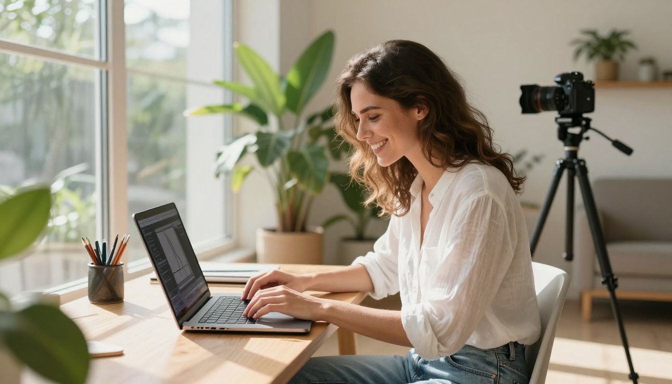 Woman in bright airy home studio smiling warmly at a laptop while exploring AI creative tools in natural morning light