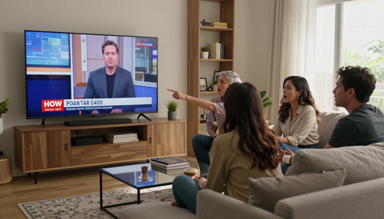 Diverse group of adults watching television with expressions of skepticism and surprise at the footage