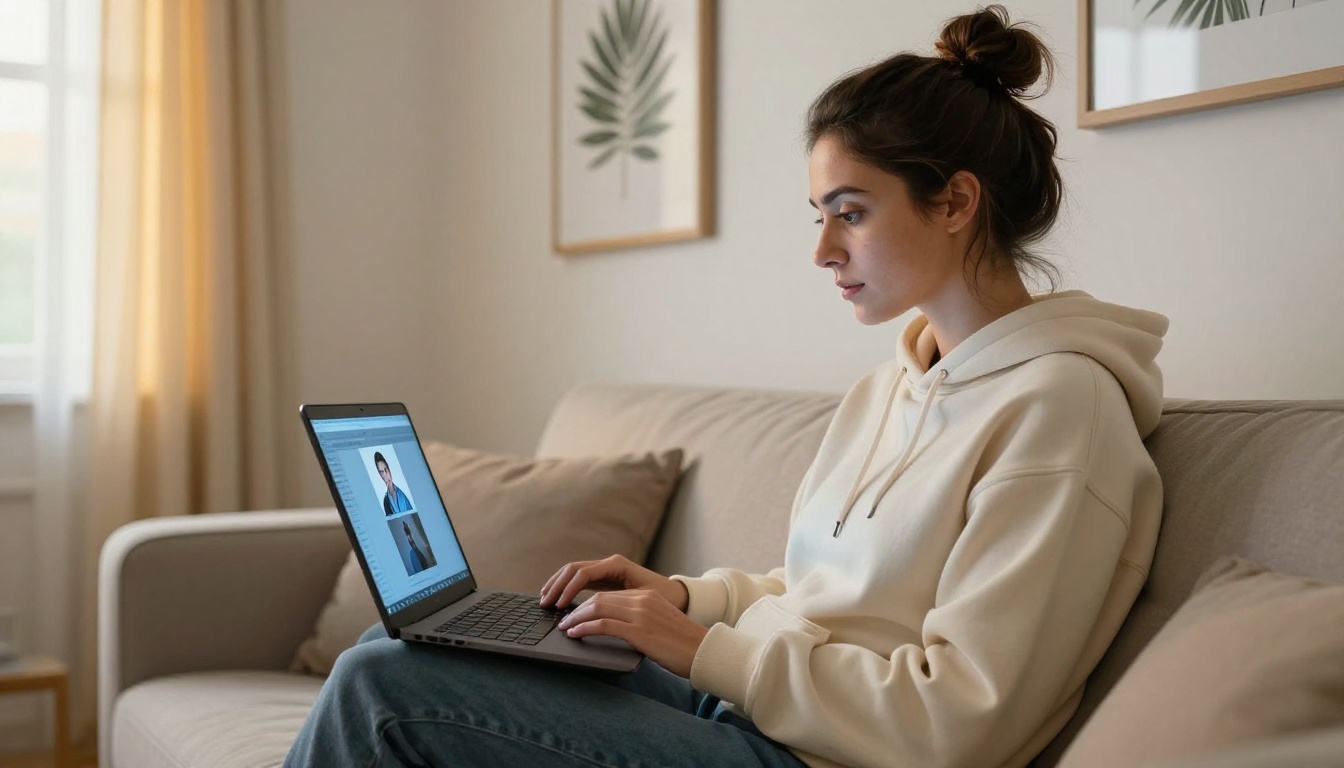 Woman downloading clean AI images on laptop at home Woman downloading clean AI images on laptop at home