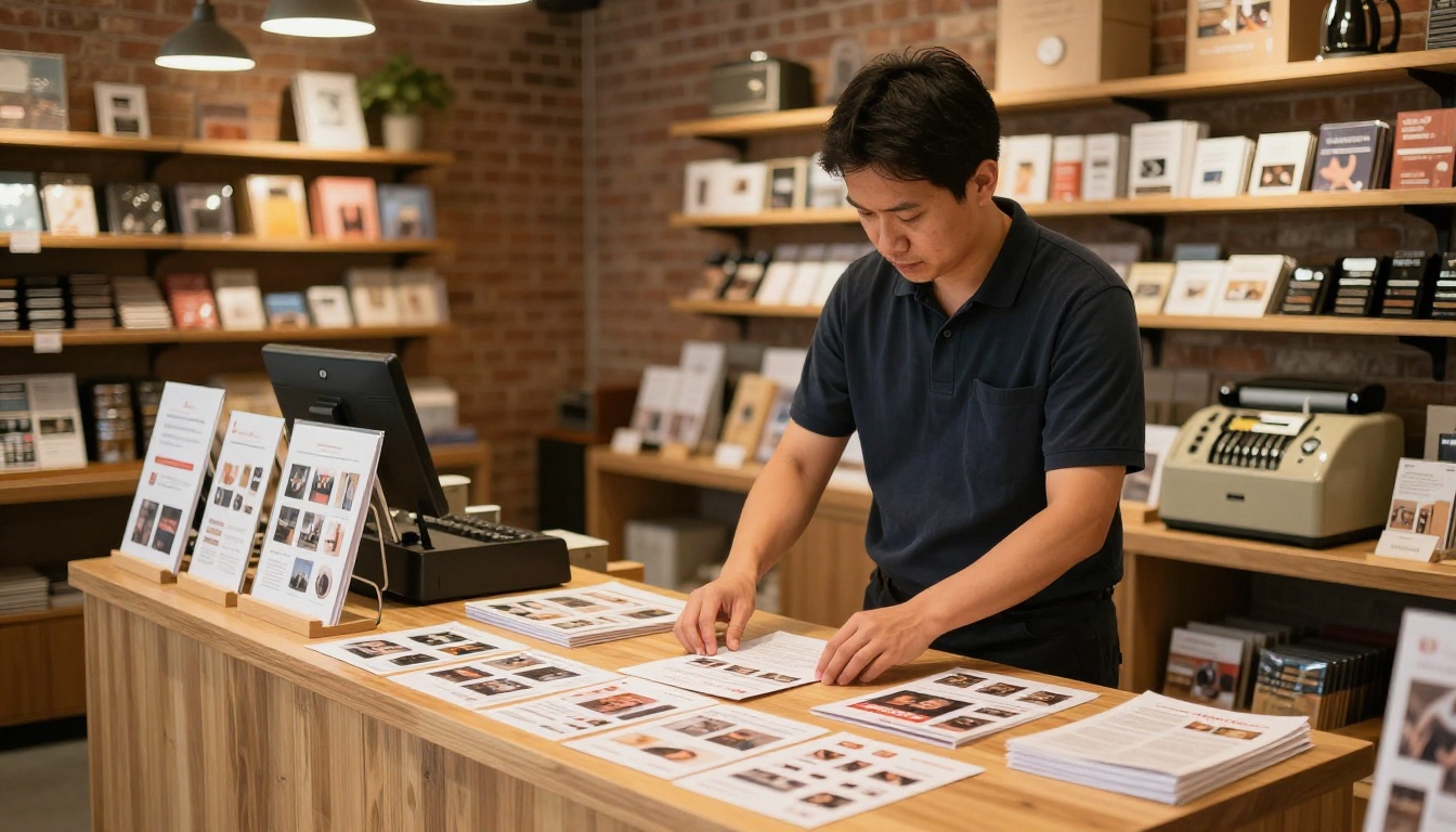 Small business owner with clean printed marketing materials