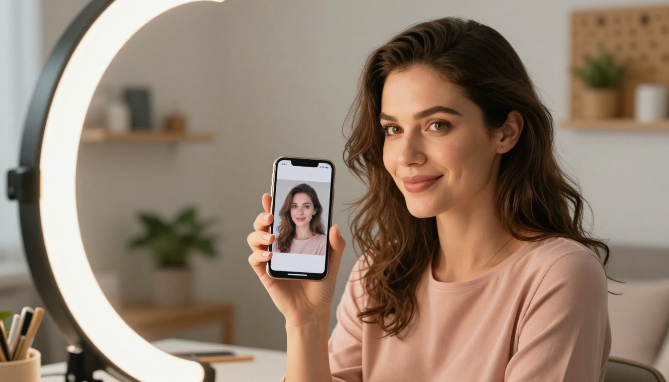 Content creator showing clean AI-generated portrait on phone