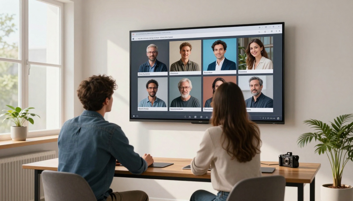 Two people collaborating on a clean AI image gallery on screen Two people collaborating on a clean AI image gallery on screen