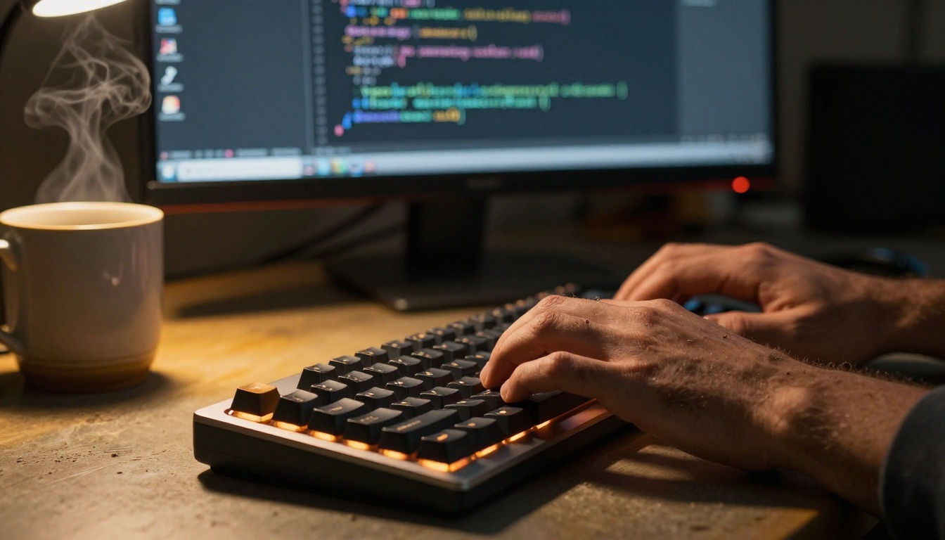 Developer typing code on a mechanical keyboard, warm amber light from desk lamp