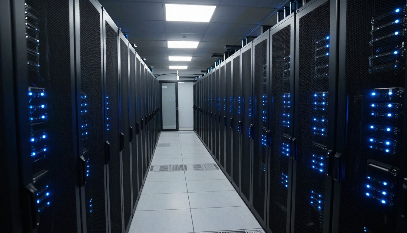 Aerial view looking down at rows of server racks in a modern data center