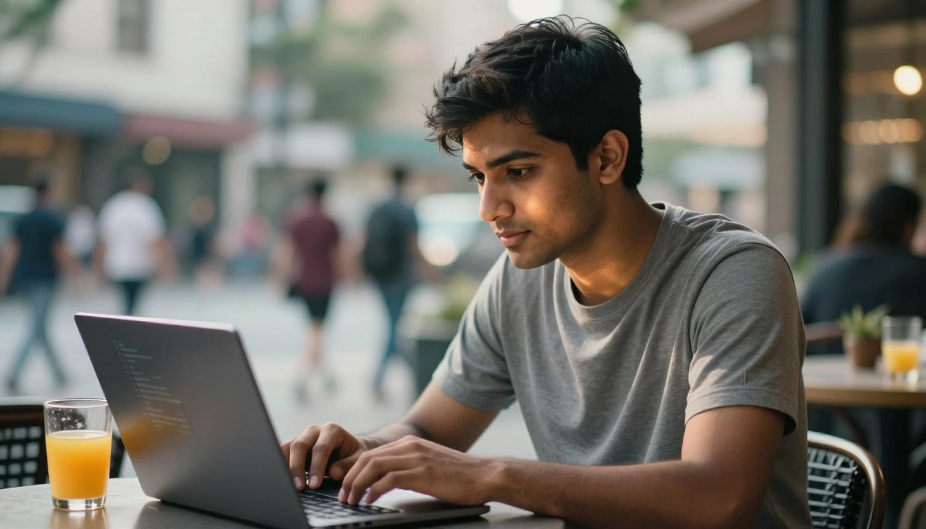 Young developer focused on code at a laptop in a sunlit outdoor cafe