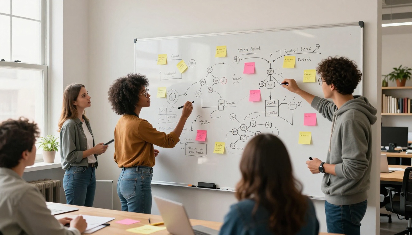 Team of developers brainstorming around a whiteboard covered in neural network diagrams