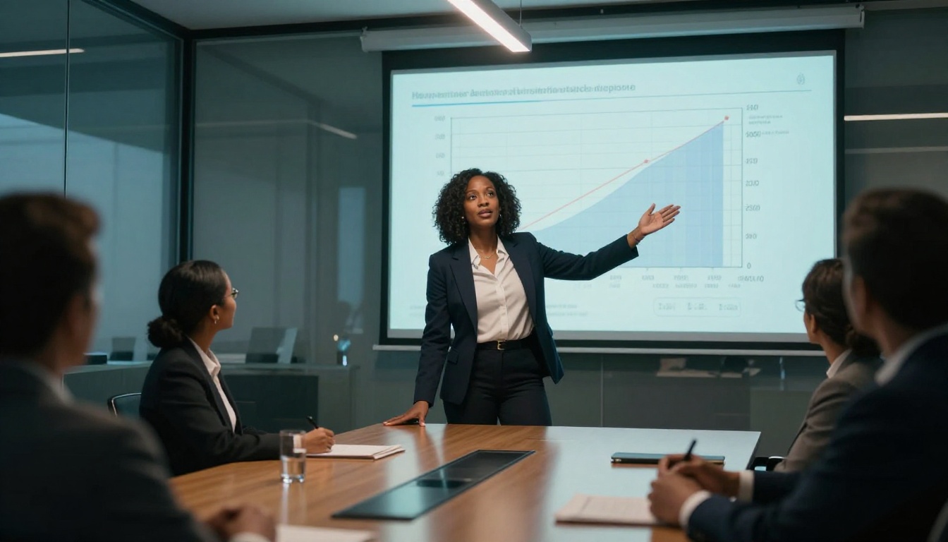 Confident presenter in a glass-walled boardroom showing AI graphs on a projected screen