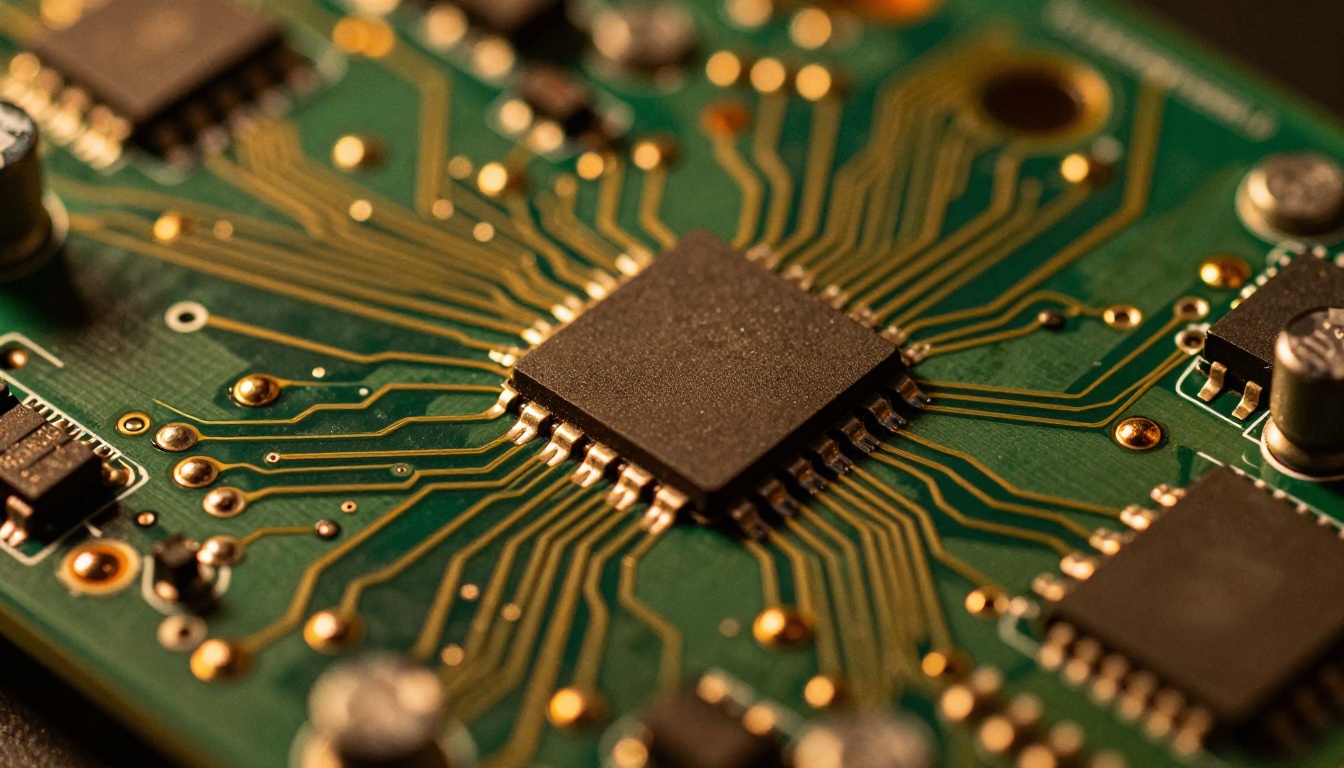 Close-up macro photograph of circuit board with copper traces and electronic components Close-up macro photograph of circuit board with copper traces and electronic components