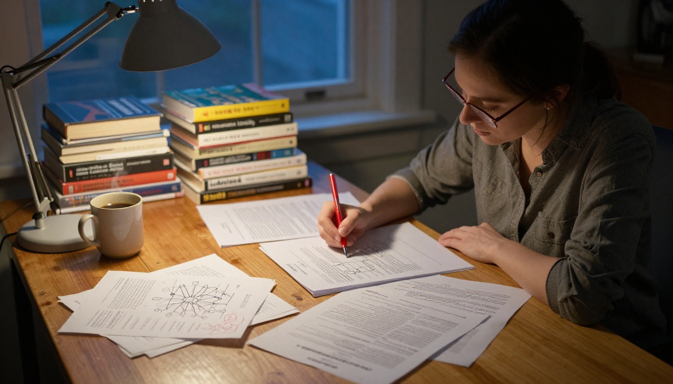 Researcher annotating printed neural network diagrams at a wooden desk with warm lamp light Researcher annotating printed neural network diagrams at a wooden desk with warm lamp light
