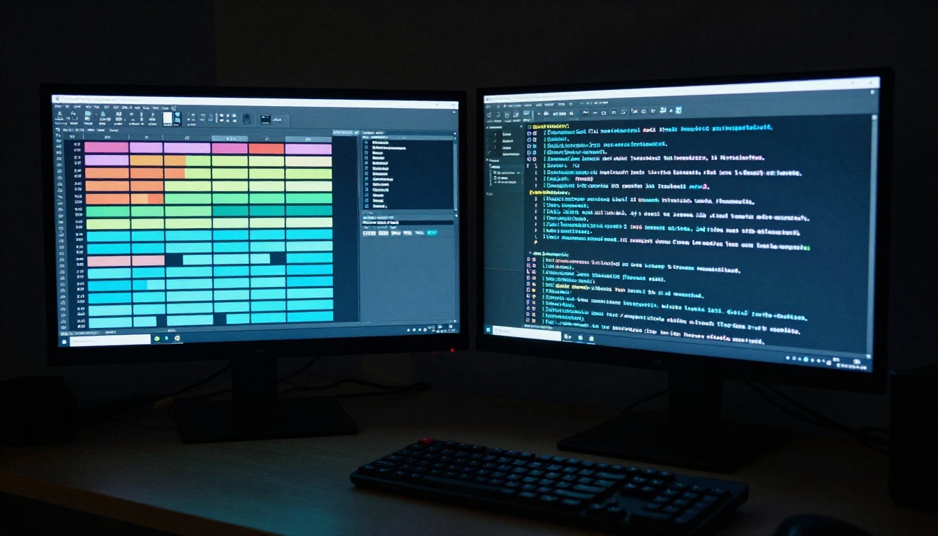 Two monitors showing AI benchmarks and terminal output, moody blue screen glow Two monitors showing AI benchmarks and terminal output, moody blue screen glow