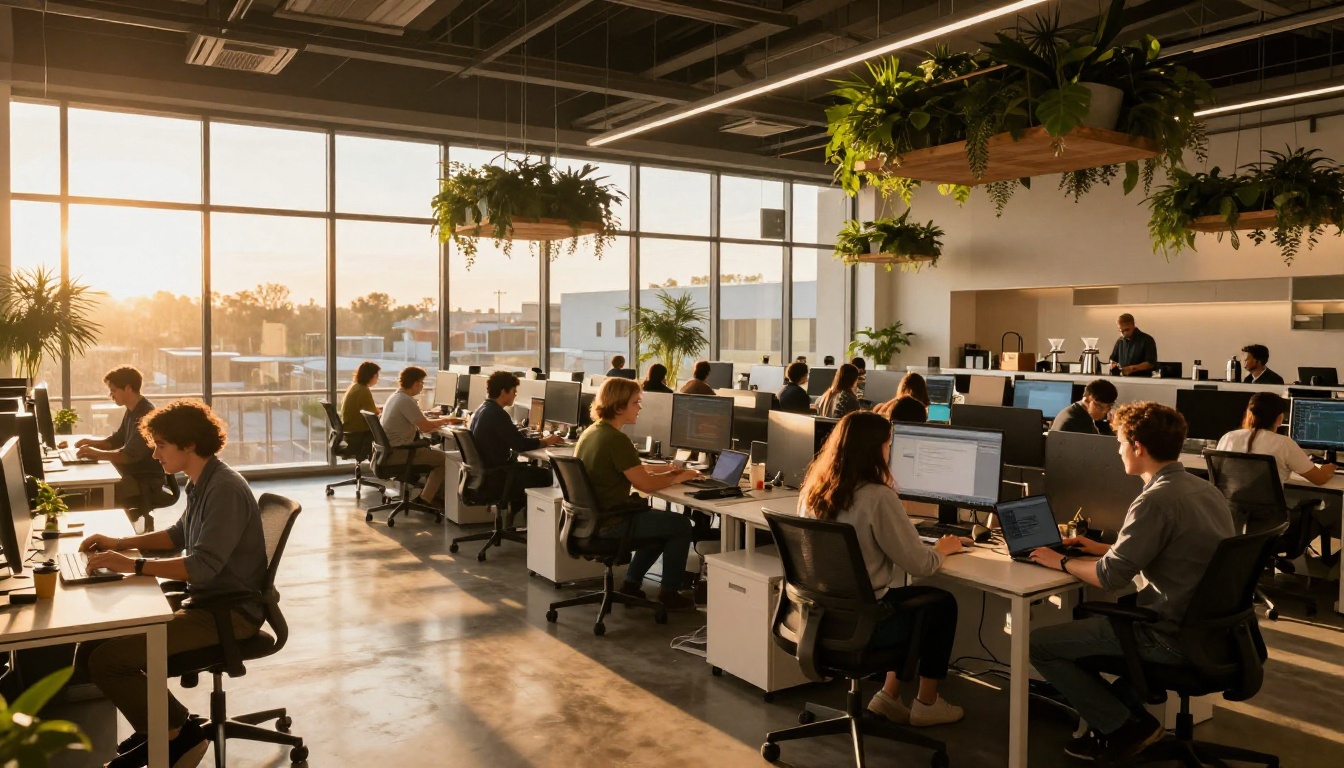 Wide golden-hour shot of a modern open-plan tech office with developers at work Wide golden-hour shot of a modern open-plan tech office with developers at work