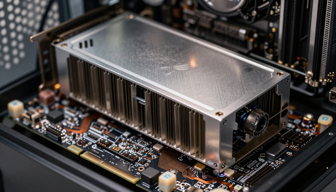 High-end GPU inside a PC case with natural metallic lighting